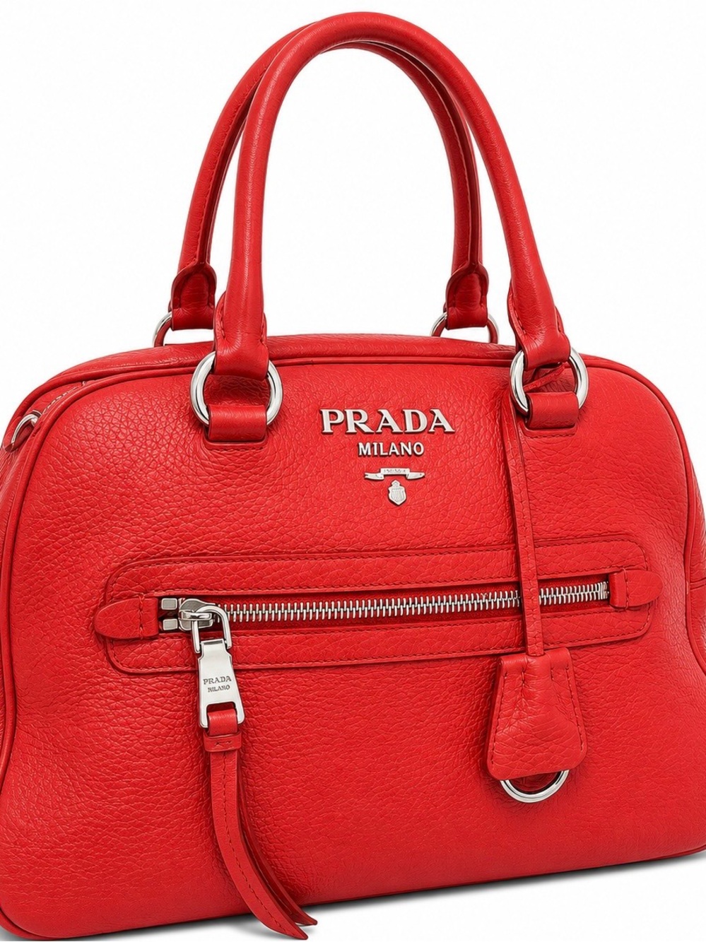 Prada Red Pebbled Leather Dome Satchel with Silver Hardware